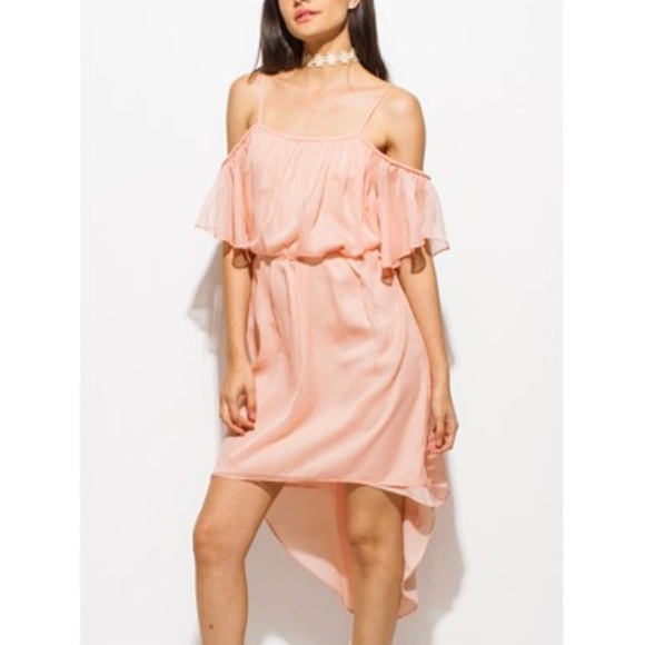 Coral Pink Cold Shoulder High Low Party Sun Dress - Picture 2 of 7